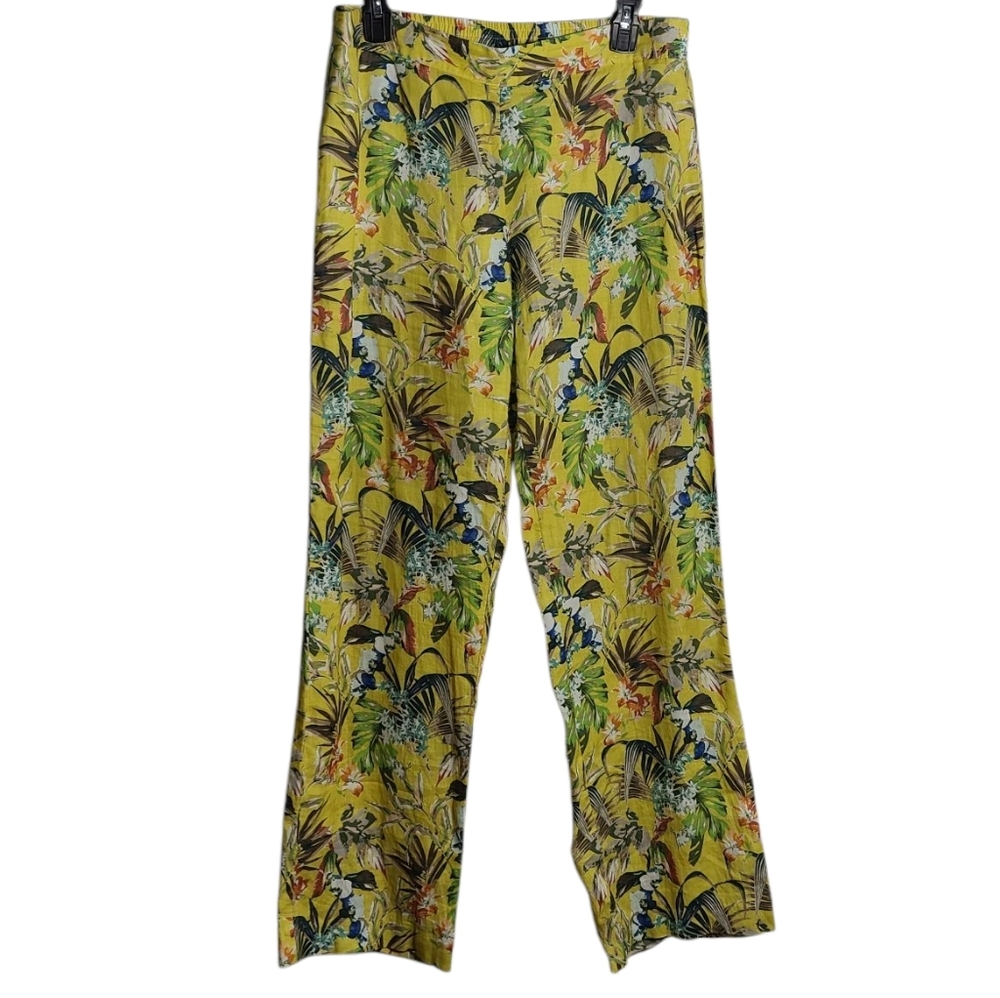ELLIOT LAUREN 100% Linen Tropical Print Straight Leg Pants Size Small